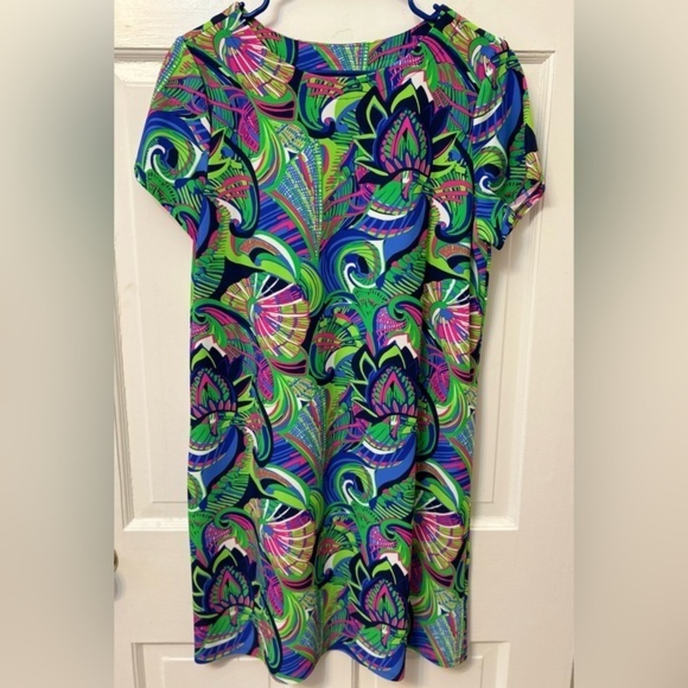 Jude Connally Colorful Stretchy Geometric Short Sleeve Dress Sz Large